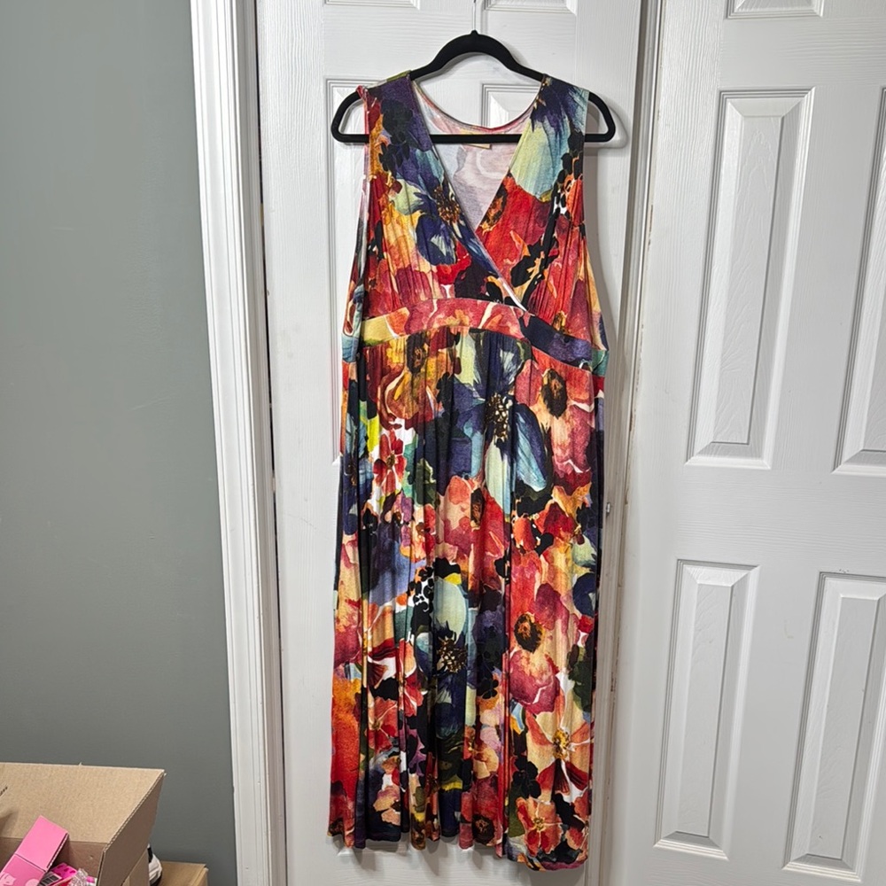 Blue and Orange Sleeveless V-Neck Maxi Sundress